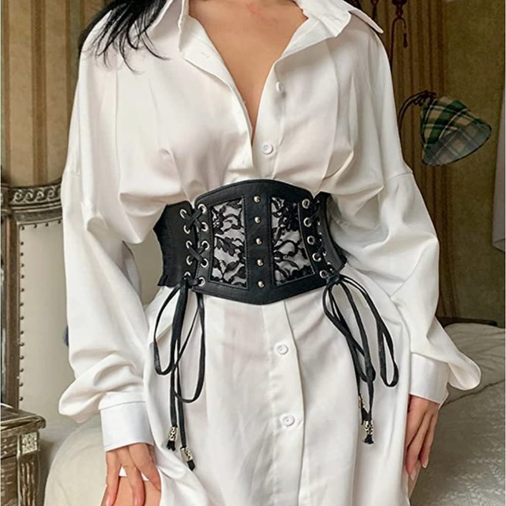 Black Faux Leather Floral‎ Lace Corset Lace Up Elastic Waistband Belt Girdle